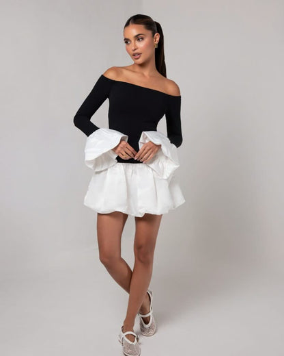 Robe Black and White Manches Bouffantes | Prestige