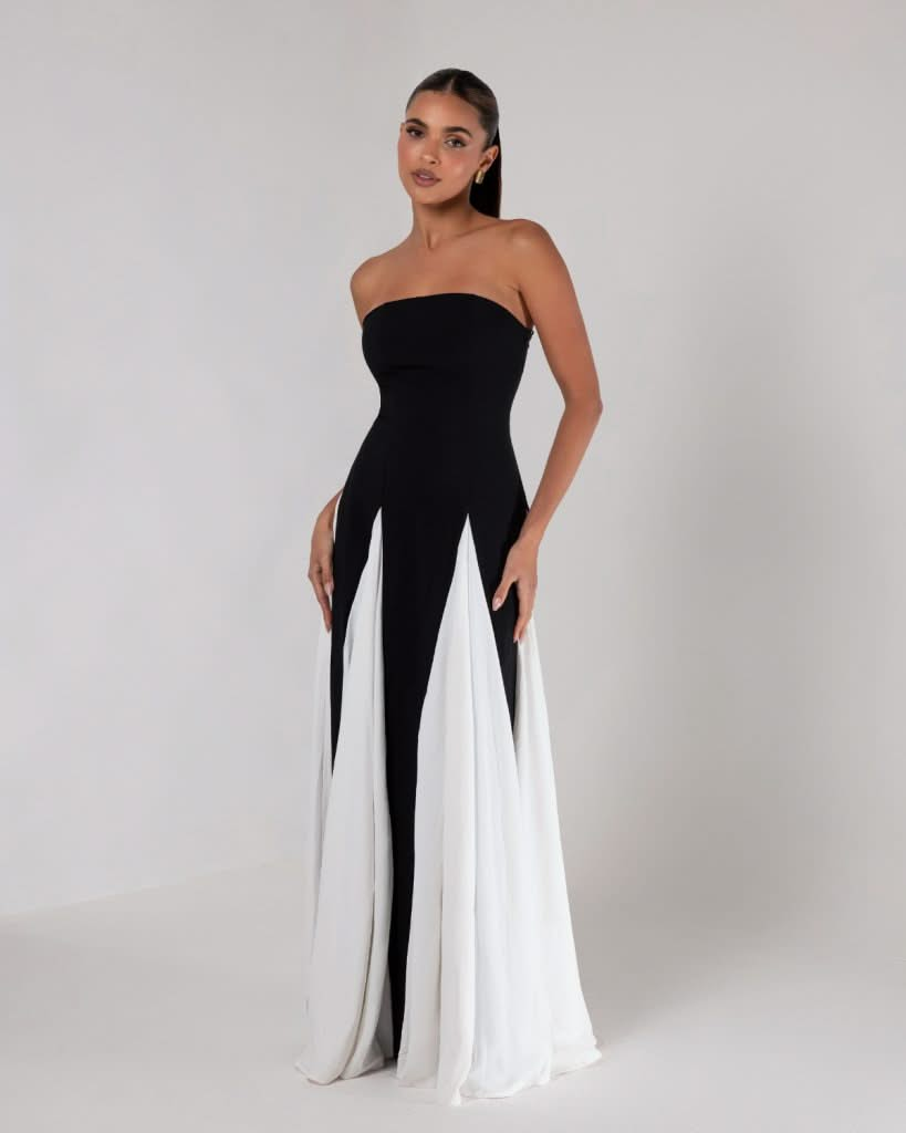 Robe Longue Black and White Plissé | Prestige